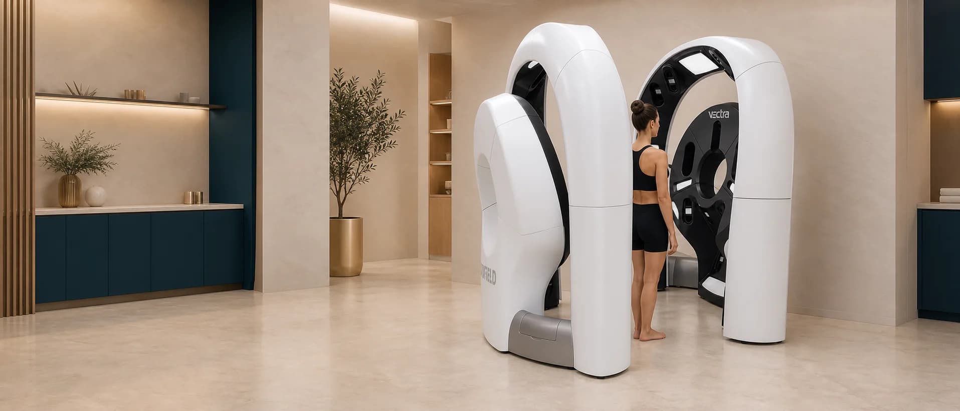 A woman standing inside the VECTRA WB360 imaging system at an AION Urban center