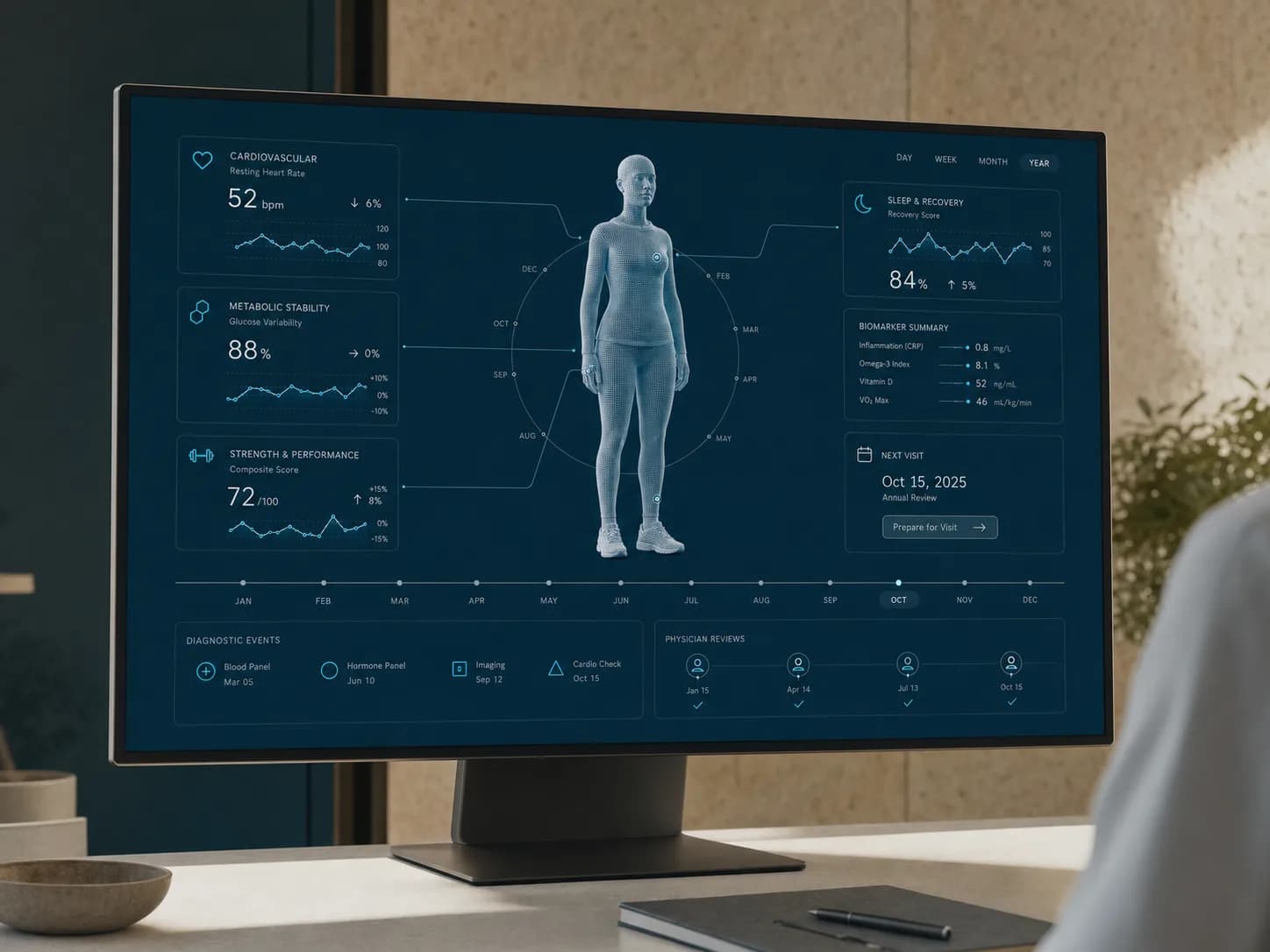 The AION operating system showing an annual timeline, biomarker trends and the next clinical visit