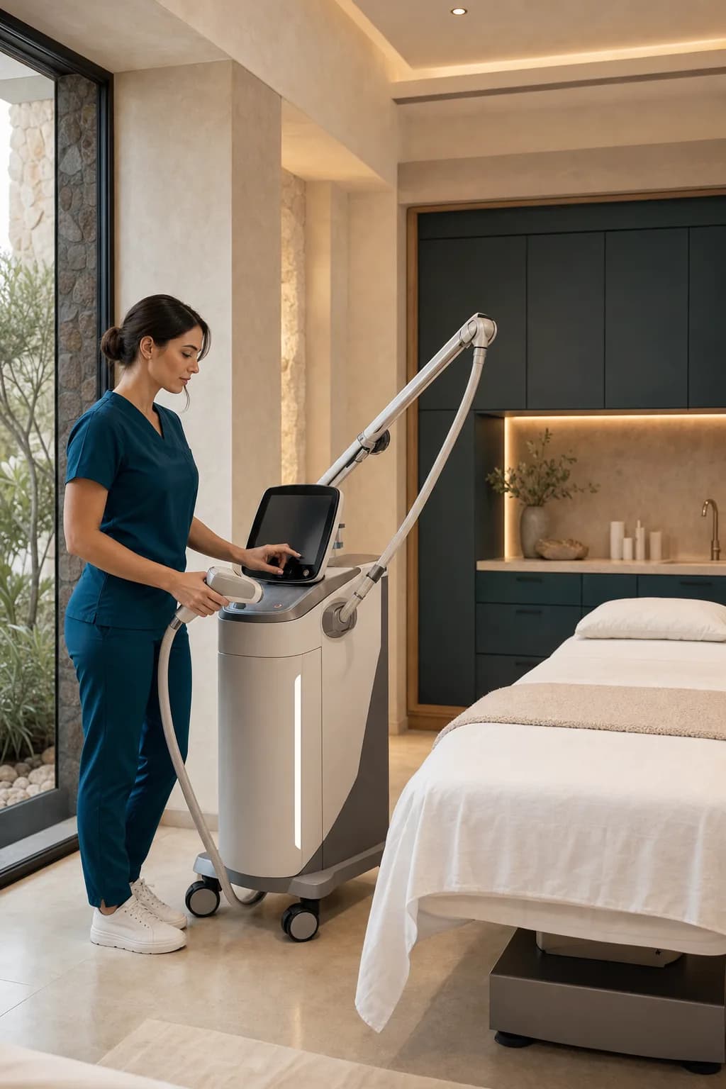 A clinician preparing an energy-based treatment platform inside an AION Retreat