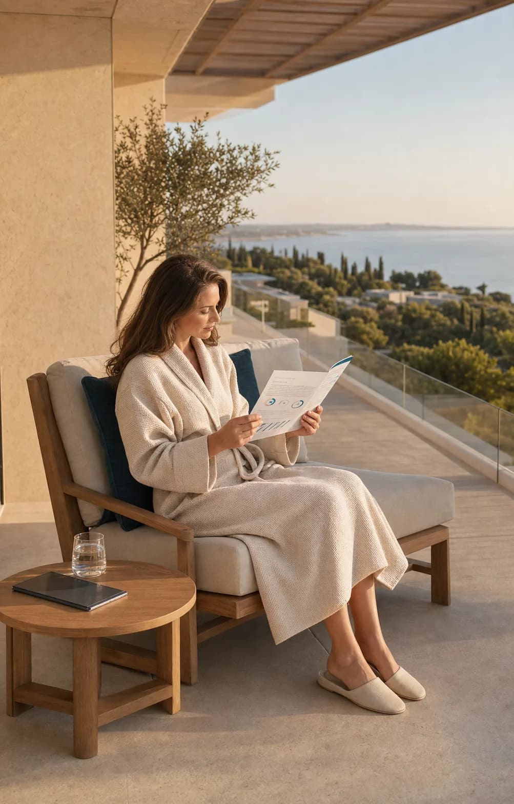 A guest reviewing her personal health plan on an AION Retreat terrace