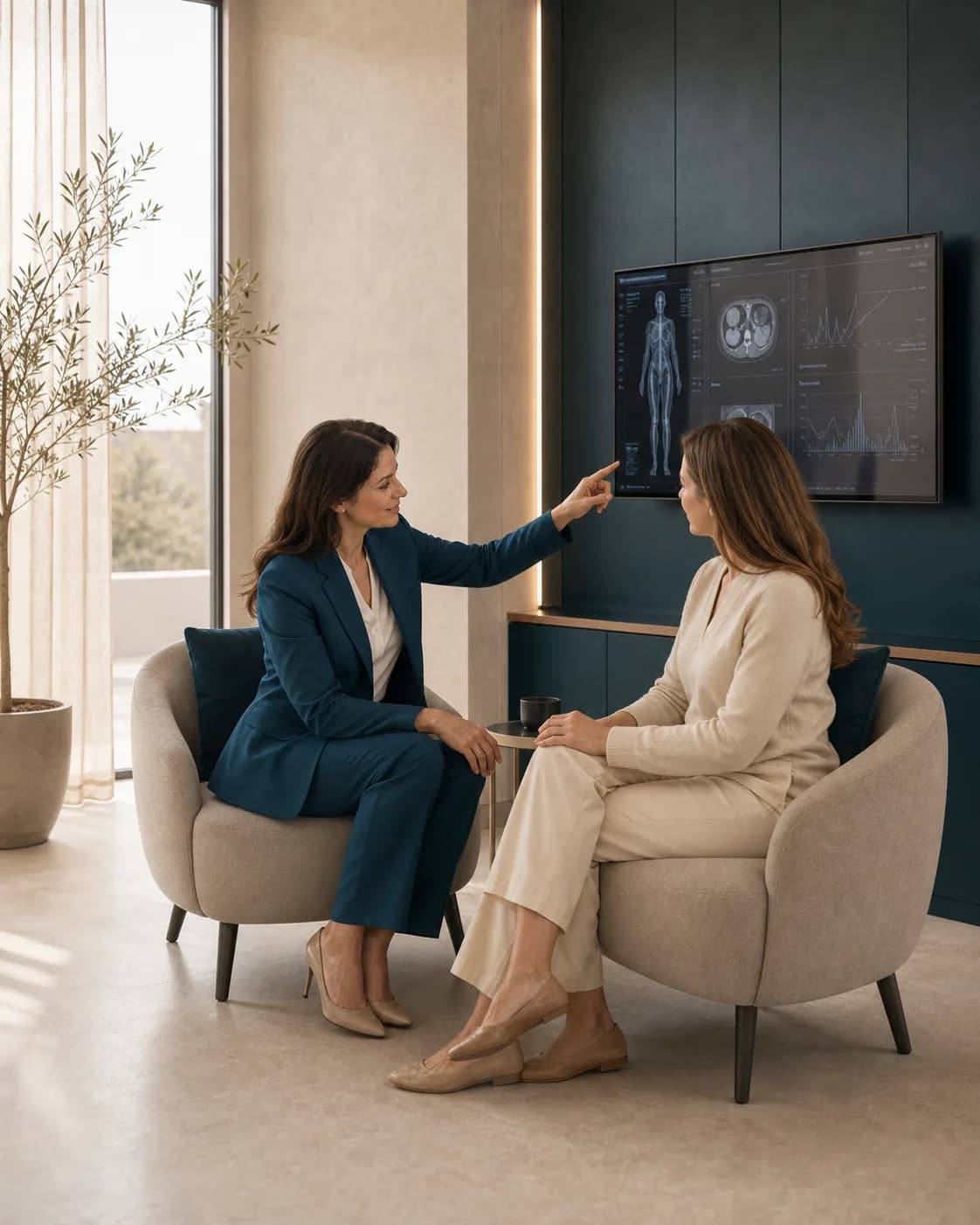 A physician and patient reviewing a same-day diagnostic report in the AION results lounge